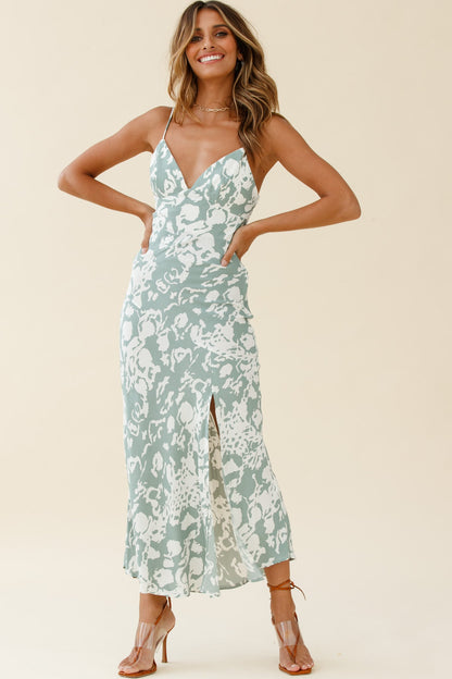 Downtown Cami Strap Front Split Midi Dress Stencil Print Sage