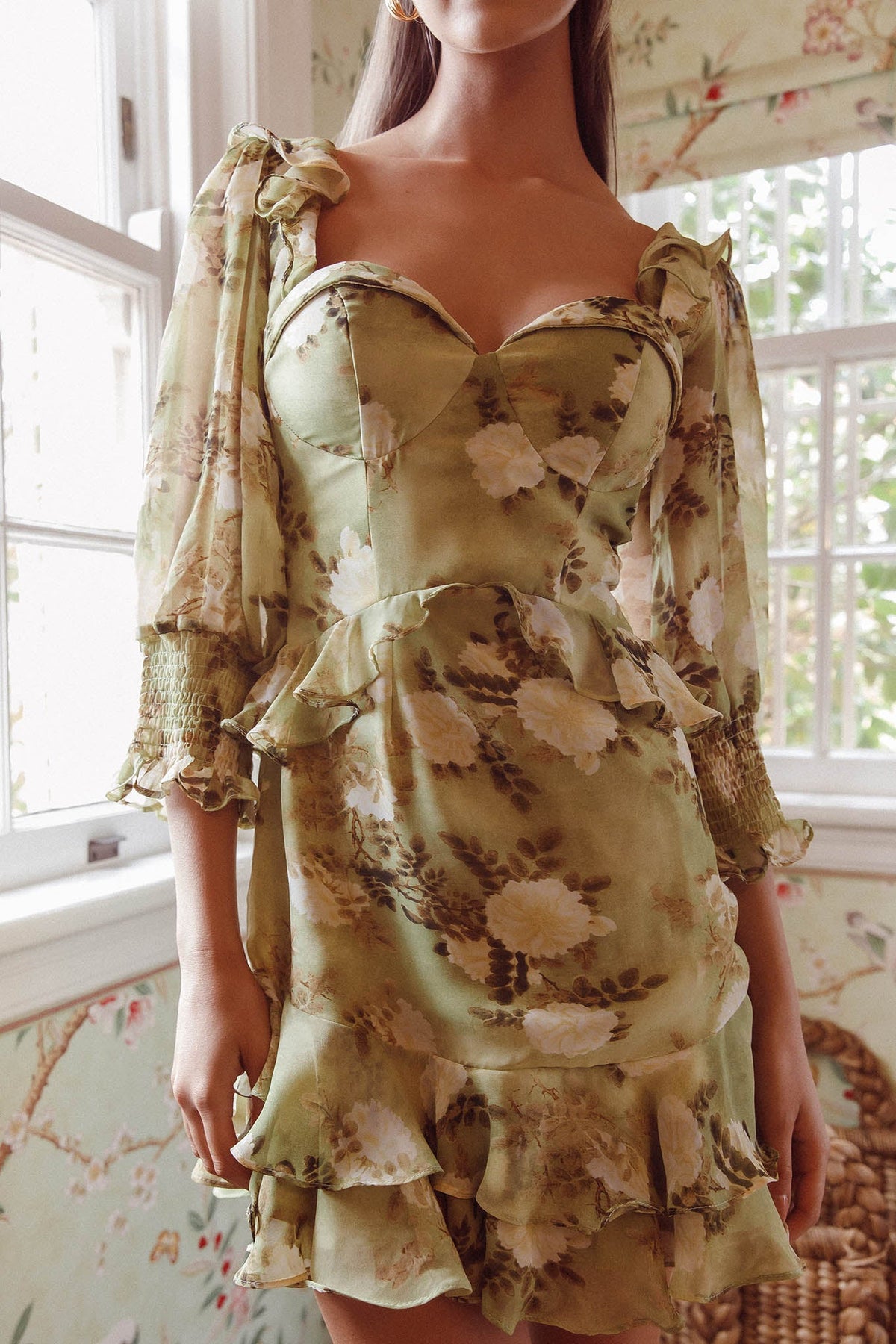 Desiree 3/4 Sleeve Sweetheart Neckline Frill Dress Floral Green