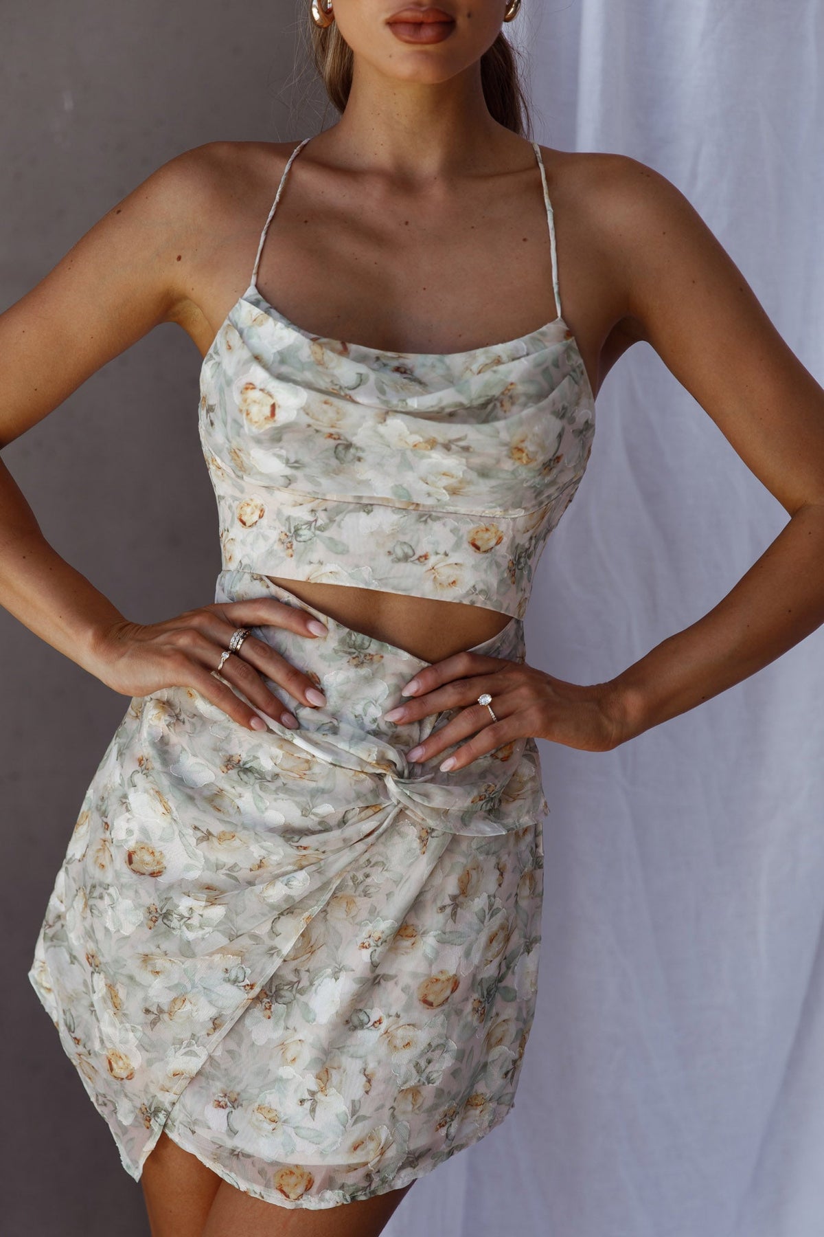 Miami Nights Cowl Neckline Twist Feature Mini Dress Floral Green
