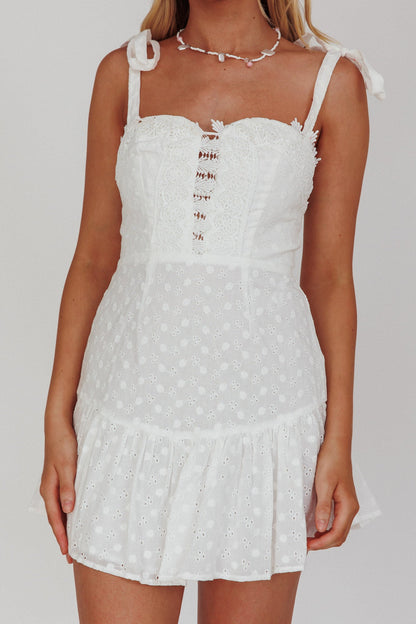 Kelsie Tied Shoulder Eyelet Mini Dress White