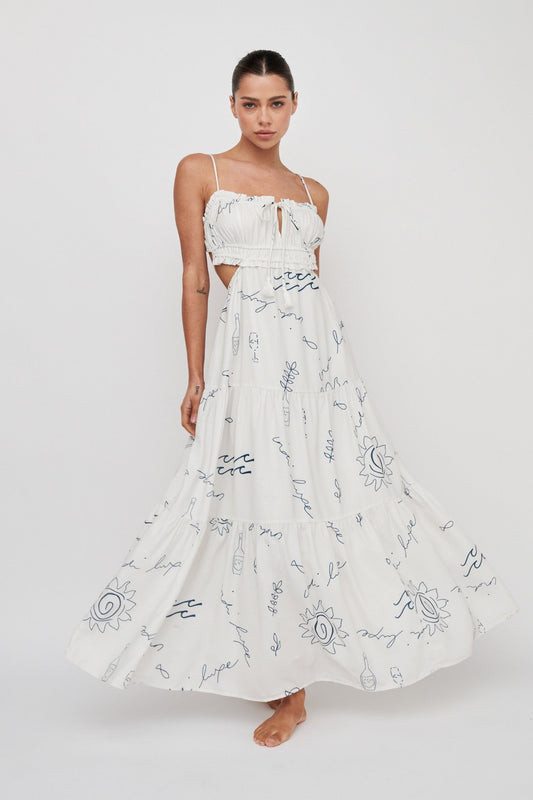 Eyona Cut-Out Back Tie Maxi Dress Print Cream Blue