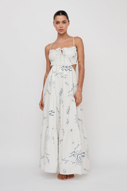 Eyona Cut-Out Back Tie Maxi Dress Print Cream Blue