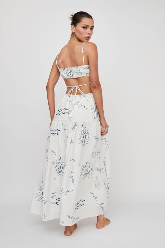 Eyona Cut-Out Back Tie Maxi Dress Print Cream Blue