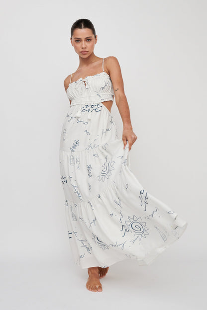 Eyona Cut-Out Back Tie Maxi Dress Print Cream Blue