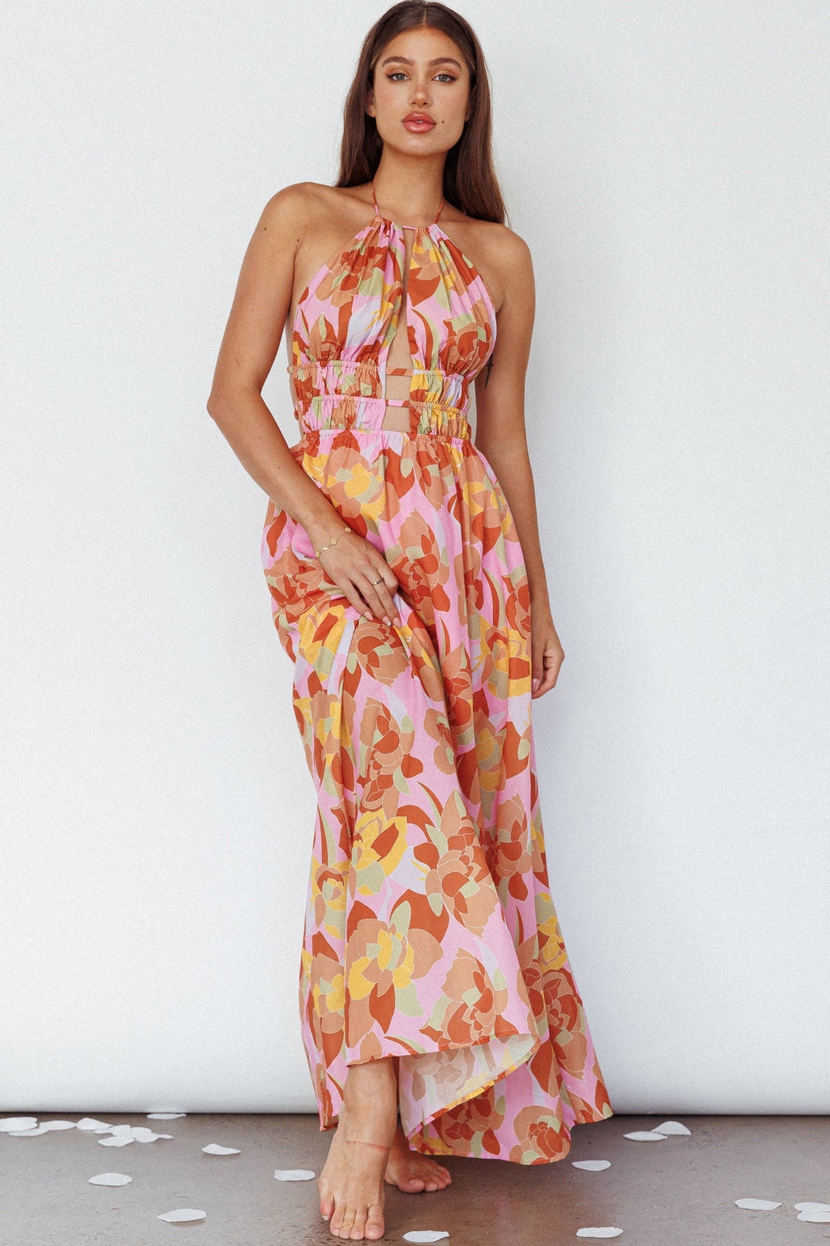 Cyndi Open Back Halterneck Maxi Dress Pink Multi