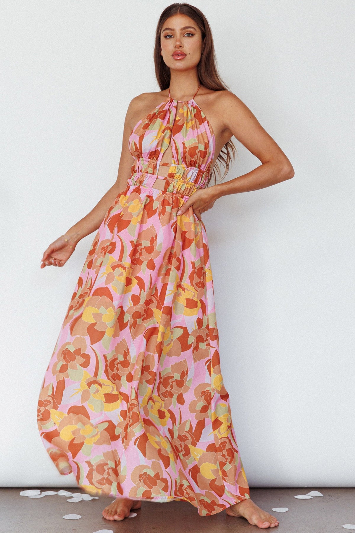 Cyndi Open Back Halterneck Maxi Dress Pink Multi