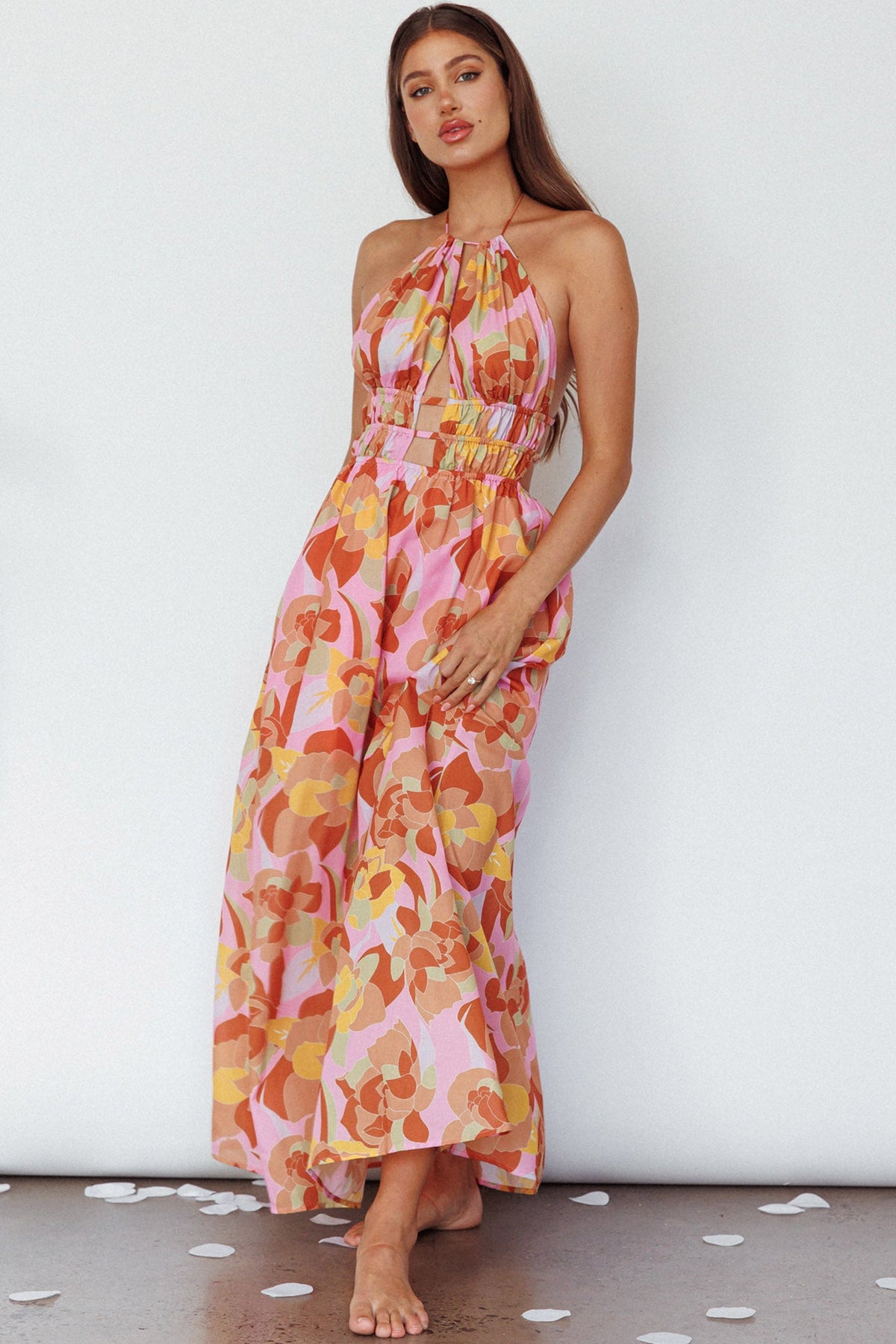 Cyndi Open Back Halterneck Maxi Dress Pink Multi