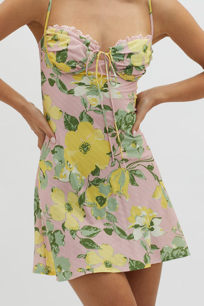 Fortune Lace Trim Bust Tie Mini Dress Floral Pink