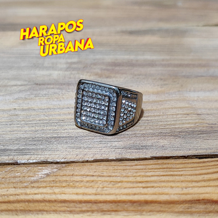 Anillo de acero plateado con diamantes borde doble
