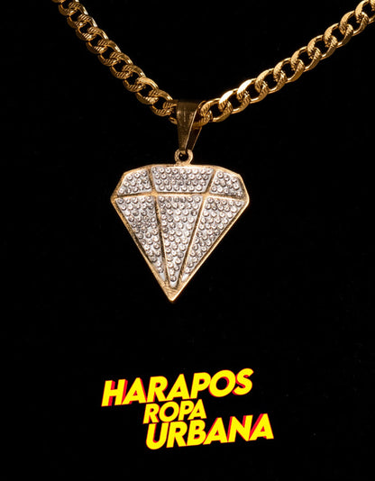 Cadena acero y dije diamante grande diamantada dorada