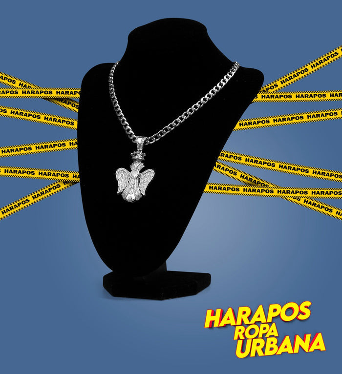 Cadena de acero plateada dije cruz angel con diamantes
