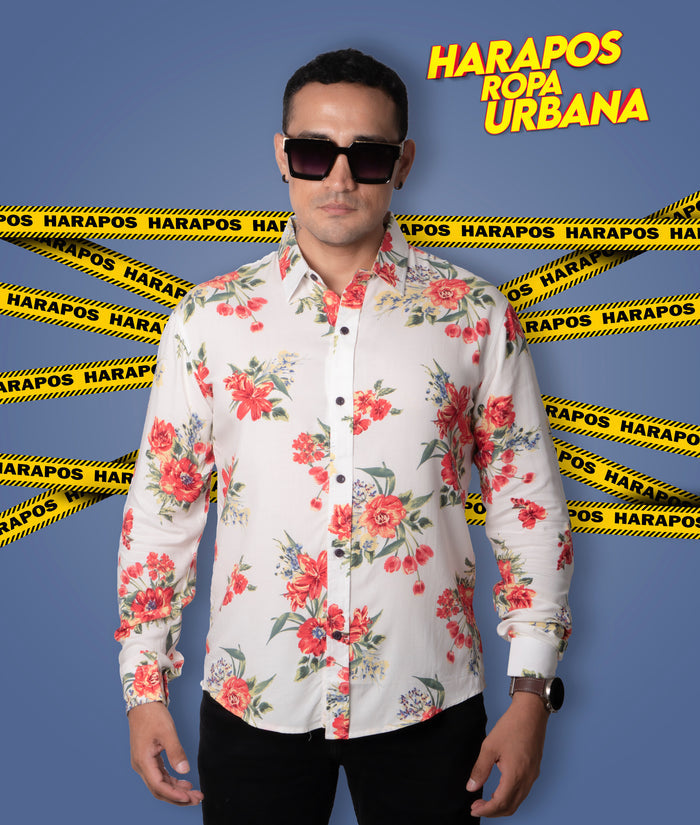 Camisa Doom manga larga blanca con flores rojas