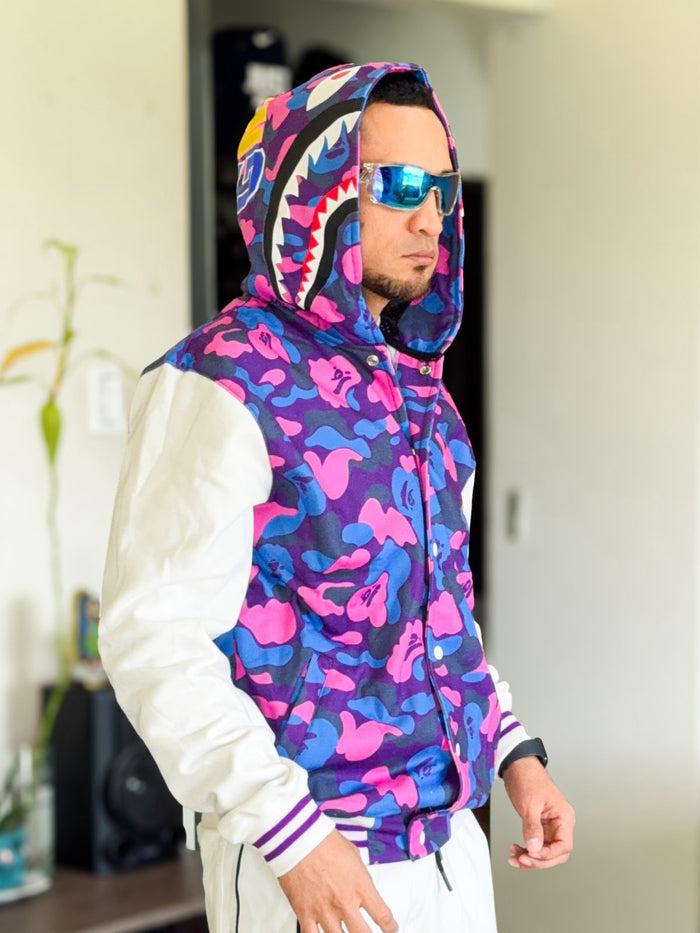 Chaqueta Premium Bape Shark con capucha Camuflada color morado