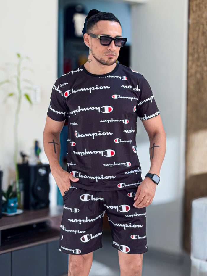 Conjunto de verano sublimado champion negro short + polera