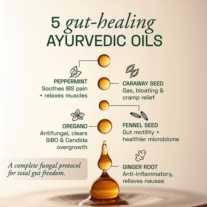 List of five gut-healing Ayurvedic oils with their benefits on a beige background.