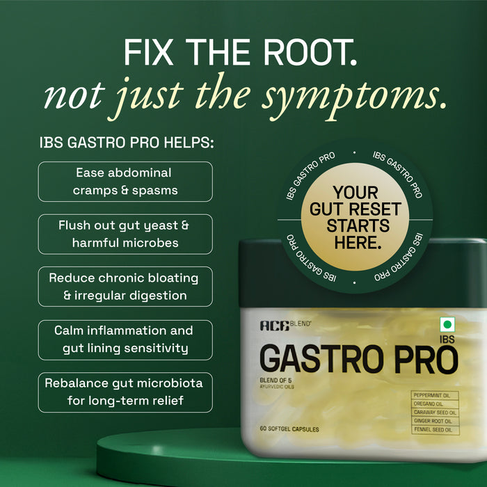 Advertisement for IBS Gastro Pro with product packaging and benefits listed on a green background