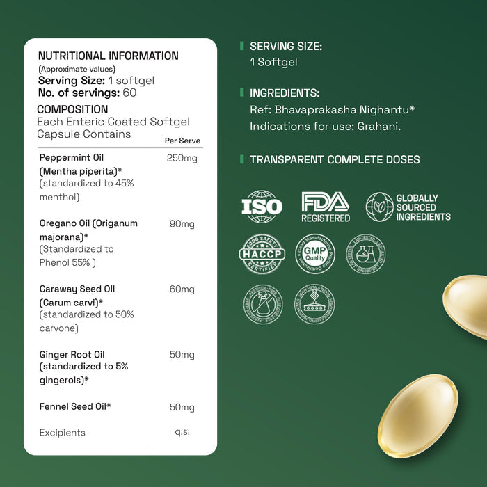 Nutritional information and ingredient list for a supplement with softgels on a green background