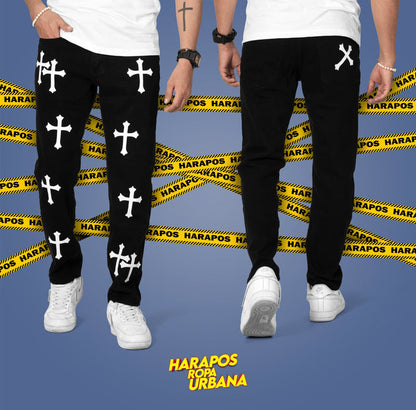 Pantalon Bershka demin jean negro con cruces