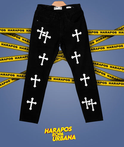 Pantalon Bershka demin jean negro con cruces