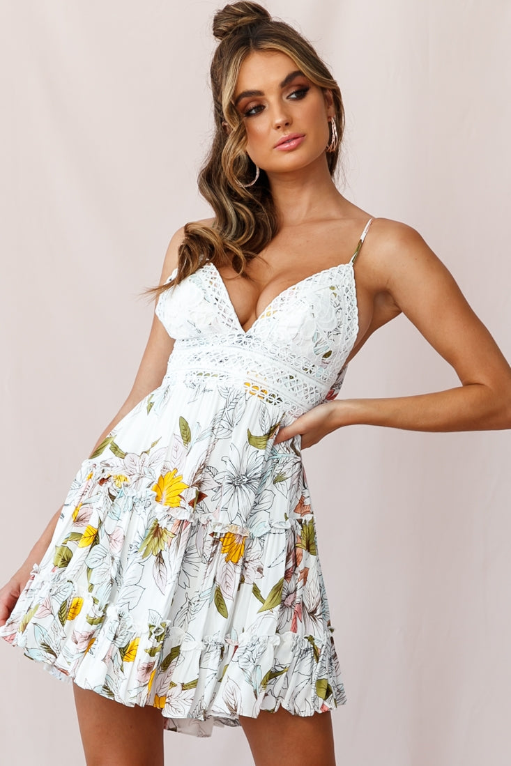 Sanctuary Applique Bust Tie-Knot Back Dress Floral Print White