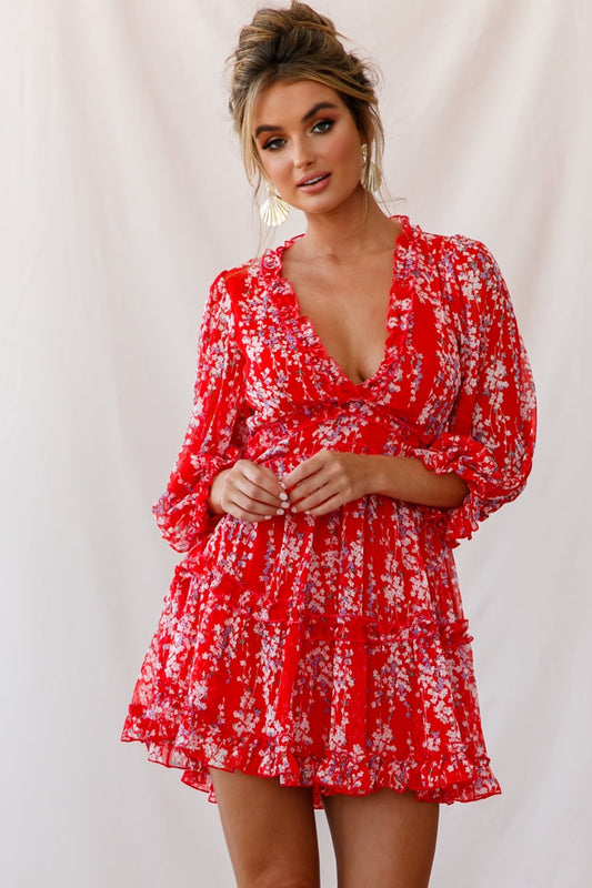 Laney Cutout Back Ruffle Detail Floral Dress Red