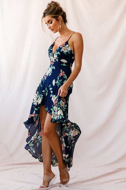 Imelda V-Neckline High-Low Hem Dress Navy