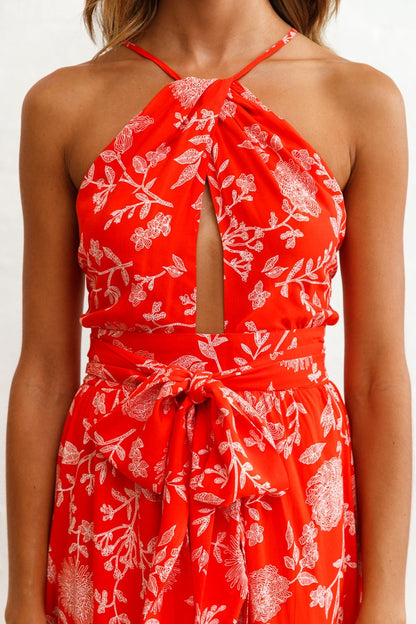 Athena High Split Maxi Dress Floral Print Red