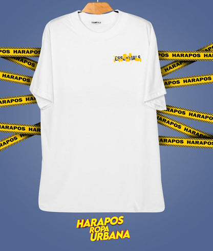 Polera essentials oversize blanca letras con detalles amarillos