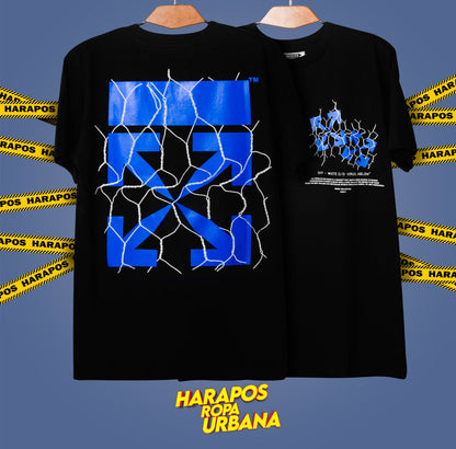 Polera Off White negra con alambres azules