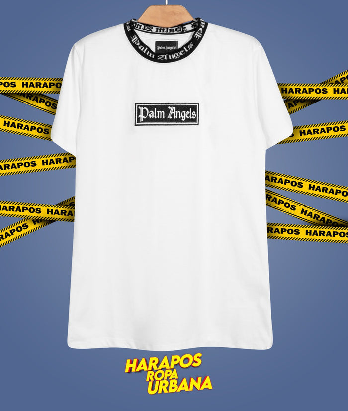 Polera palm angels blanco cuello de hilo logo rectangulo