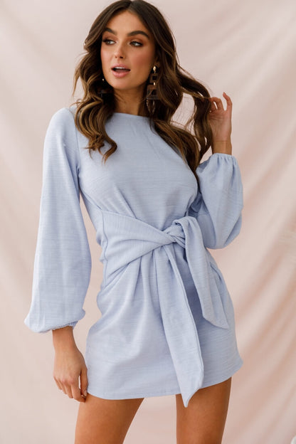 Rapt Waist Tie Bishop Sleeve Knit Dress Steel Blue